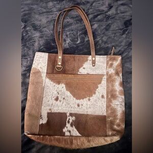 Myra Cowhide Brown and White Large Tote Bag
